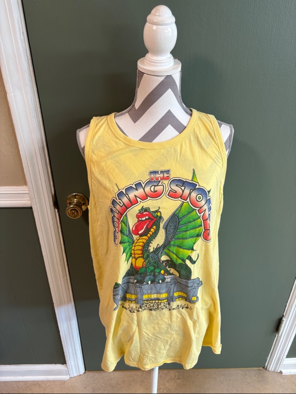 the Rolling Stones Yellow Graphic Tank Top with Green and Red Print